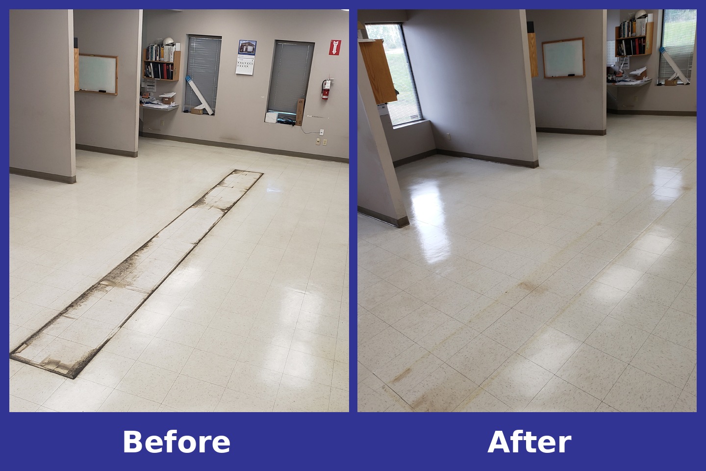 Floor restoration before and after, removing heavy stains from VCT tile to a glossy finish