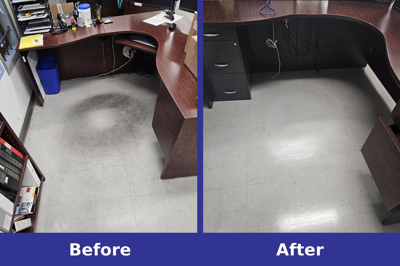 Before and after of an office VCT floor stripped and waxed by Control Janitorial Barrie